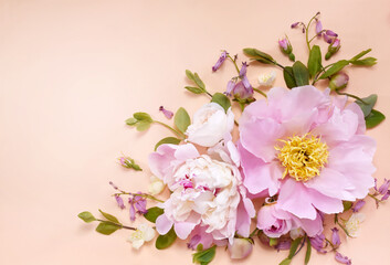 Summer blossoming delicate peony composition, blooming flowers festive background, pastel and soft bouquet floral card
