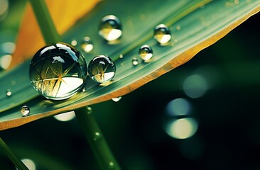 Mesmerizing Close-Up: Morning Dew Drops Adorn Leaf's Edge Generative AI