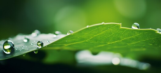 Nature's Artistry: Stunning Macro Shot of Dew-Kissed Green Leaves Generative AI