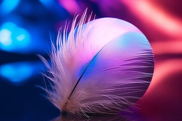 Dazzling Dance of Colors: Ethereal Display of White Feather Against Blue & Pink Reflection Generative AI