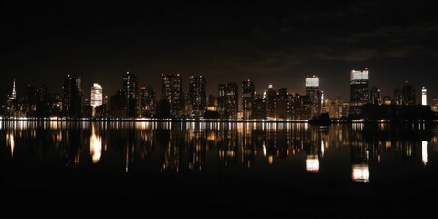 Obraz premium night panorama of the city coastline with reflection in the river or lake. The skyline of city high-rise buildings is reflected in the water. banner