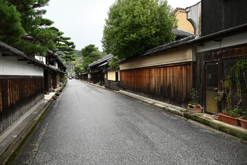 Fototapeta na wymiar A trip to Japan. A row of houses of Omi merchants. Omihachiman City, Shiga Prefecture. Japan's historical traditional house preservation area. 