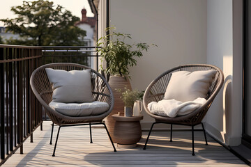 Two wicker chairs on the balcony of a house