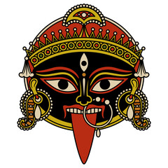 Head of goddess Kali. Hindu mask. Ethnic design. Indian female deity of destruction. Isolated vector illustration.