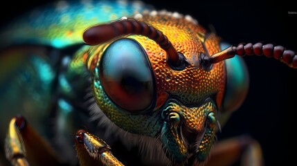 a close up of a insect sitting on a flower with its eyes closed and head turned to the side, a close up of a fly insect Generative AI