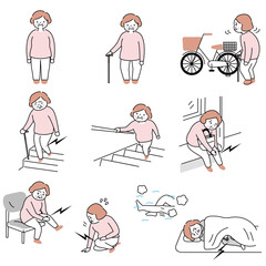変形性膝関節症の症状いろいろベクターイラストセット