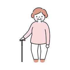 杖をついたO脚高齢女性