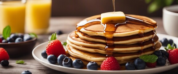 A stack of fluffy pancakes drizzled with maple syrup and a pat of butter, with fresh berries 
