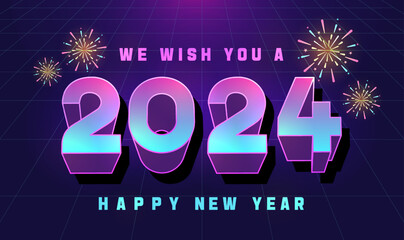 Vector Happy new year 2024 background with retro arcade geometric 3d block blue and purple text and explosion of fireworks. For seasonal holiday web banners, flyers and festive posters