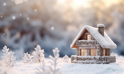 house with a knitted roof and a scarf in the snow on a Christmas winter background. heating system concept and cold snowy weather.copy space