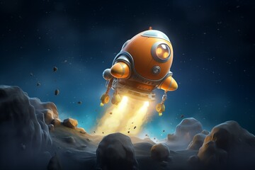 a little cute spaceship taking off the moon - obrazy, fototapety, plakaty