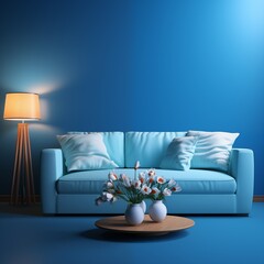 Neat sofa on a blue background, cushions on the sofa, a flower pot, interior generative ai