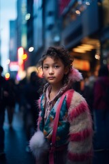 Fototapeta premium Street Photography Retro Futuristic Indigenous Child Asian Girl, Lost in the City, Japan, Tokyo, Asia, Indigenous Clothing, little Asian Girl
