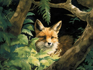A painting of a fox in the woods