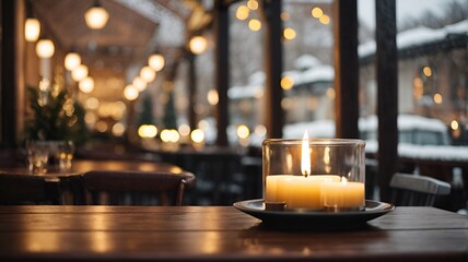Lighting a candle on an outdoor table of a restaurant in winter, cozy atmosphere, selective focus, blur