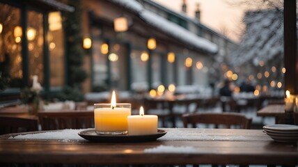 Lighting a candle on an outdoor table of a restaurant in winter, cozy atmosphere, selective focus,...