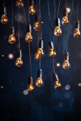 Christmas light with white bulbs, adorning dark navy background. Minimal Christmas and New Year's concept.