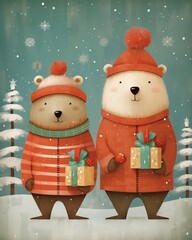Illustration of two bears in warm, red, winter clothes holding gifts, standing in snow. Christmas and New Year's concept.