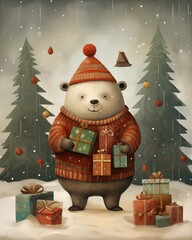 Illustration of a bear with warm clothes and winter hat holding Christmas presents, Christmas trees in the background. New Year's concept for greeting card.