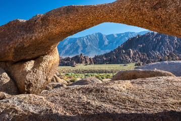 Scenic view of Alabama Hills rock formations near the eastern slope of Sierra Nevada, Lone Pine,...