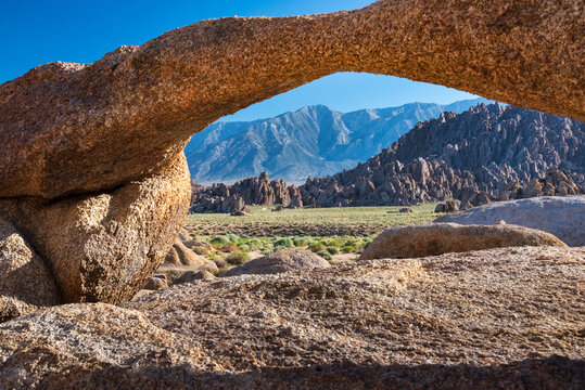 Scenic view of Alabama Hills rock formations near the eastern slope of Sierra Nevada, Lone Pine, California.