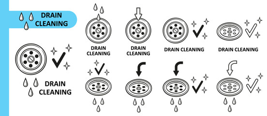 Sink drain hole cleaning, water sewage plumbing pipe, clean clogged sewer line icon set. Liquid chemical cleaner for sewerage pipeline in kitchen, bathroom. Wash bath or shower drainage tube. Vector