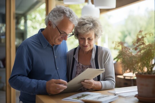 Shot of a middle-aged couple looking at a brochure planning retirement.