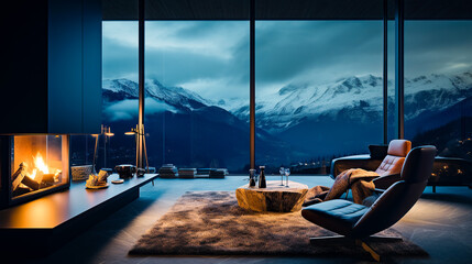 Interior of a room with a fireplace and panoramic windows overlooking the mountains. residence or hotel. 