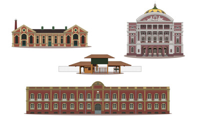 Vector set of famous landmarks of the city of Manaus, Amazonas, Brazil. This vector set includes the Amazonas theater, a famous Amazonas museum, the Provincial's mansion and the chimney power museum
