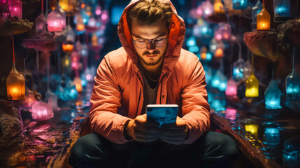  A young man engages with mobile applications on his smartphone late into the night, seeking information online, reading news through smartphone apps, and communicating online