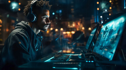 A man with headphones works on a laptop at night in the office. City lights background - obrazy, fototapety, plakaty