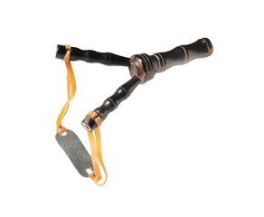 Black slingshot with leather pouch isolated on white