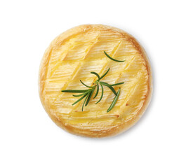 Tasty baked brie cheese with rosemary isolated on white, top view