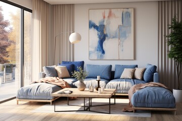 Modern living room interior with a sofa and large window