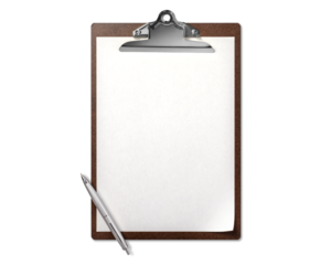 A4の紙を挟んだクリップボードとボールペン