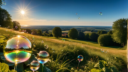 soap bubbles on the meadow,
A field of soap bubbles with the sun shining through the clouds.
A glass sphere sits in the grass with the sun shining through it.
A glass ball with a landscape,
