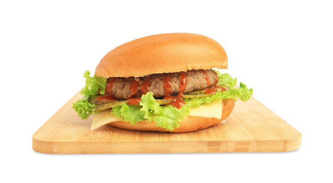 One tasty burger with patty, lettuce and cheese isolated on white