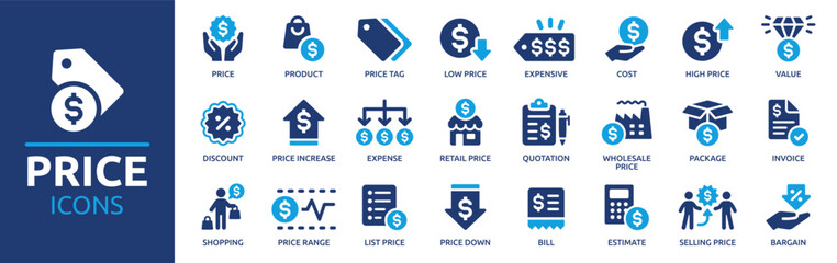 Obraz premium Price icon set. Containing product, price tag, cost, quotation, invoice, estimate, discount and more. Solid vector icons collection.