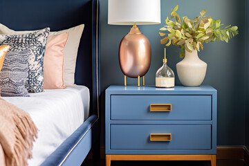 Art Deco Elegance Blue Bedside Cabinet Adorning a Modern Bedroom. created with Generative AI