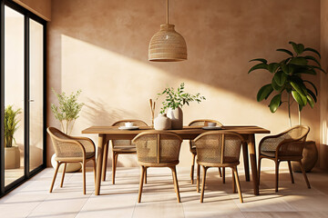 Farmhouse Charm Rattan Chairs and Wooden Dining Table Set Against a Beige Stucco Wall in a Modern Dining Room. created with Generative AI