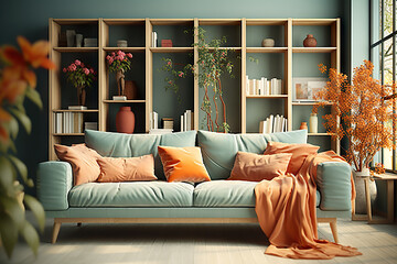 Contemporary Coziness Mint Sofa, Vibrant Orange Pillows, and Home Library in a Scandinavian Modern Living Room. created with Generative AI