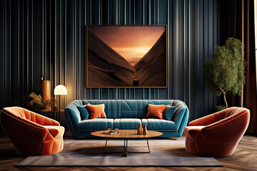 Art Deco Elegance Blue Sofa, Armchair, and Black Paneling Wall in a Modern Living Room. created with Generative AI