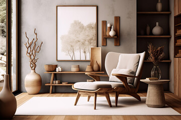 Scandinavian Serenity Wing Chair Near Rustic Wooden Coffee Table in a Living Room Adorned with Frames. created with Generative AI