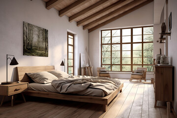 Rustic Charm Meets Modern Comfort Farmhouse Interior Design in a Bedroom with Beautiful Hardwood Floors. created with Generative AI