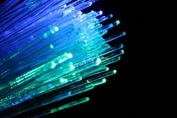 Optical fiber strands transmitting different color lights on black background, macro view. Space...