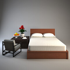 Wooden bed with white mattress isolated on white background, table and chairs with fruit and flowers in pots.