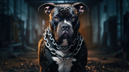 American Pit Bully dog with fierce and muscular muscles in a room with chains. The background of the photograph is a oppressive and confined environment. There is some smoke in the background.