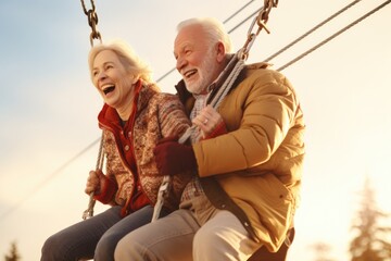Old couple have fun on extreme rope tow lift or swing attraction