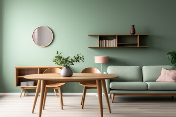 Chic Mint Dining Chairs Amidst Scandinavian, Mid-Century Elegance in Modern Living Room. created with Generative AI
