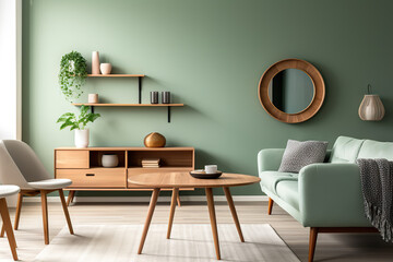 Chic Mint Dining Chairs Amidst Scandinavian, Mid-Century Elegance in Modern Living Room. created with Generative AI